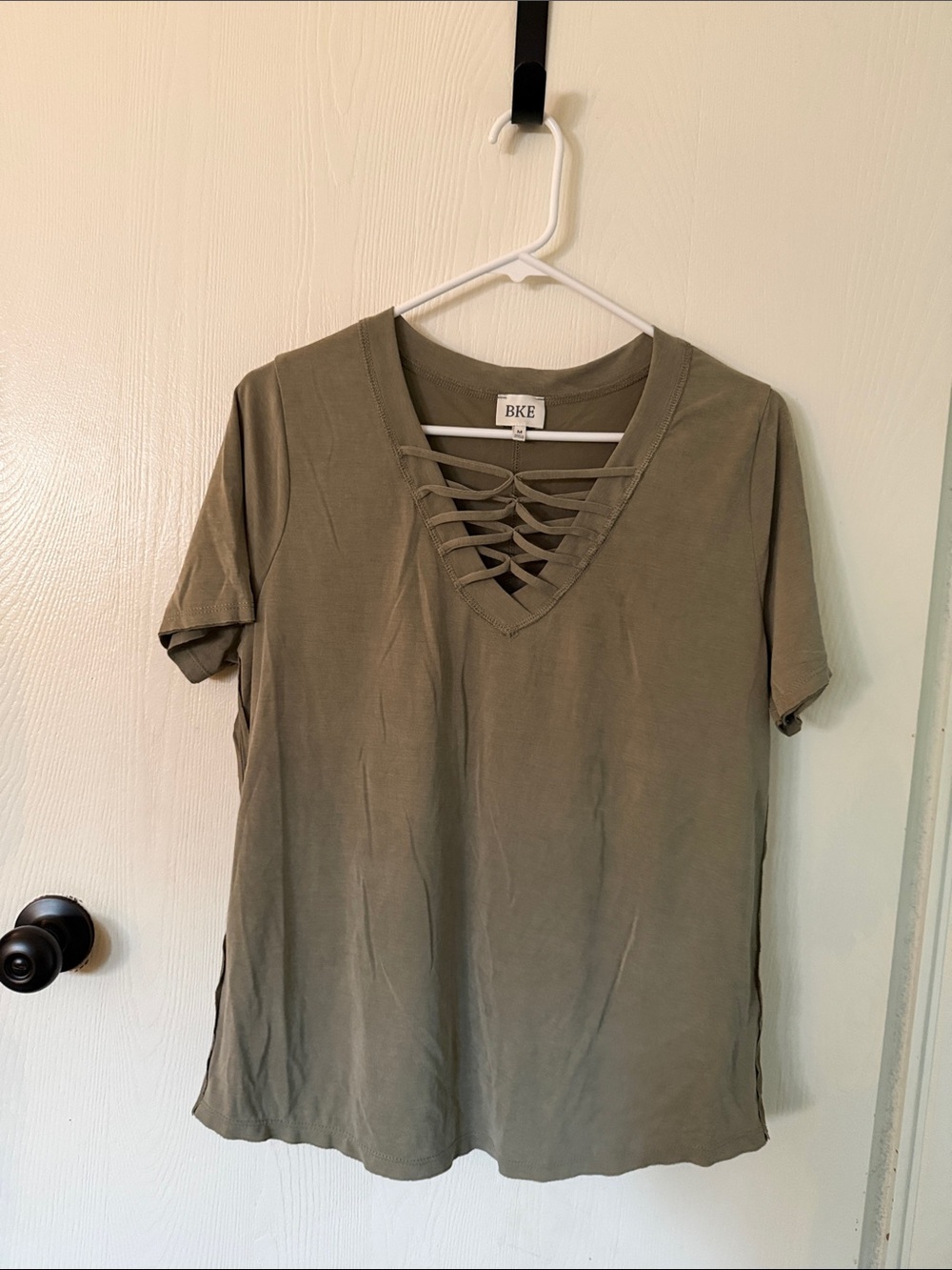 BKE Olive Green Short-Sleeve Top with Laced V-Neck